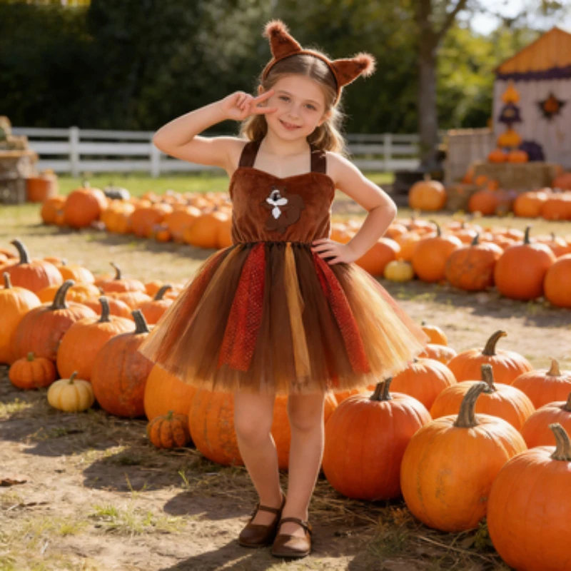 Little Girl's Halloween Squirrel-Themed Tulle Dress Set, Kids' Fluffy Skirt for Stage Performances, Exquisite Dress for Children
