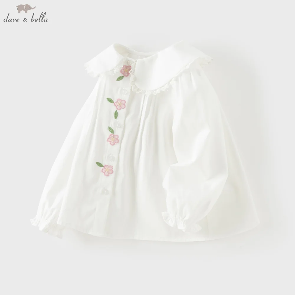 Dave Bella Shirts Autumn Pure Cotton Blouse for Children Spring Girls White Top Clothing Lace Fashion Flower Outdoors DB3261770