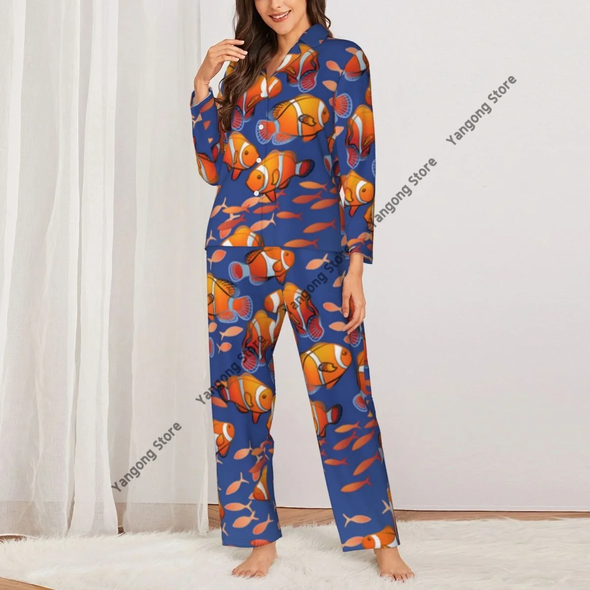 Spring and Autumn Long Sleeve Pants Pajamas Loungewear Set Ocean Fish Pattern Women's Pull Edge Loose Sleeping Suit