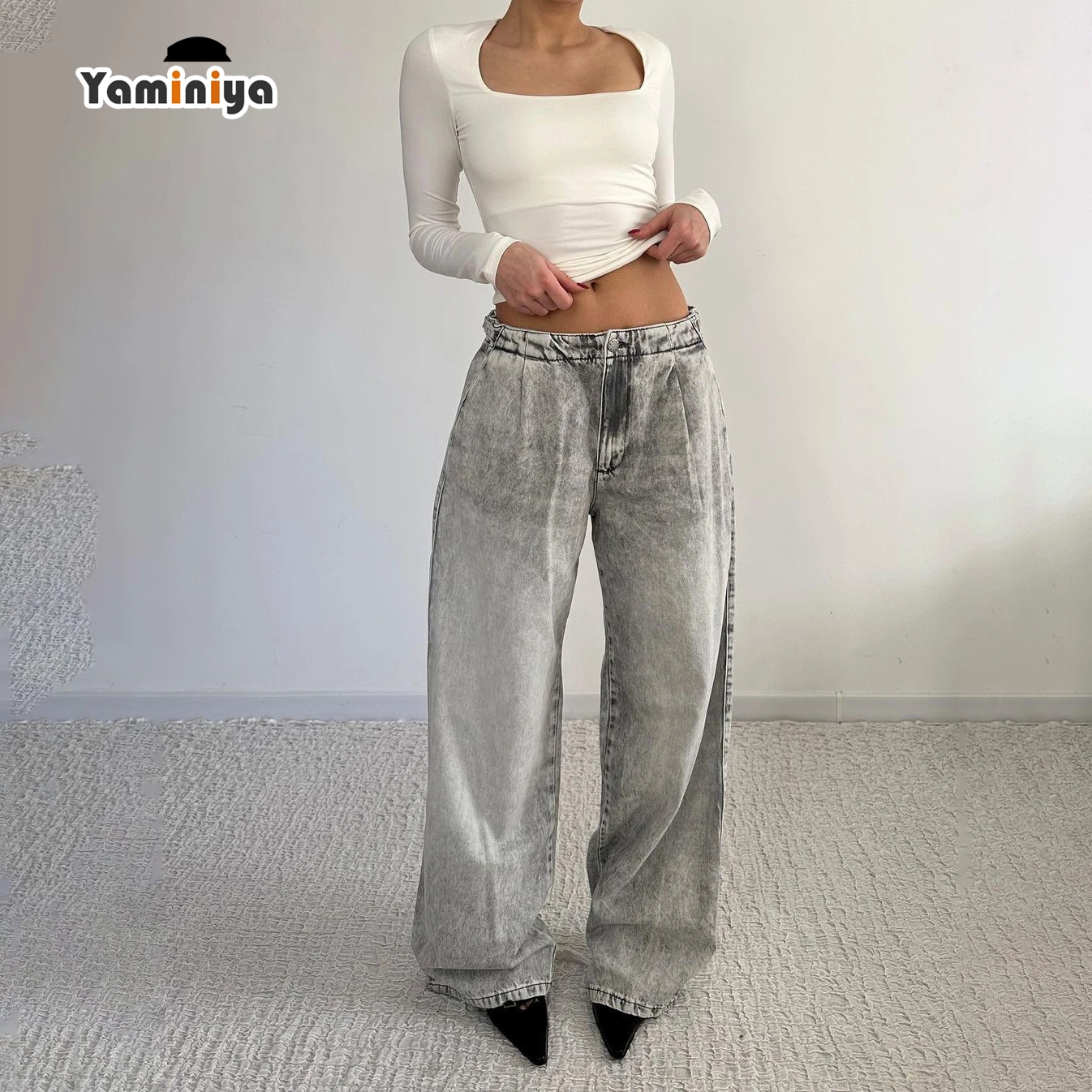 Yaminiya Distressed Vintage Grey Low Waist Y2K Baggy Jeans Women Wide Leg Adjusted Waisted Mom Straight Long Denim Jeans Street