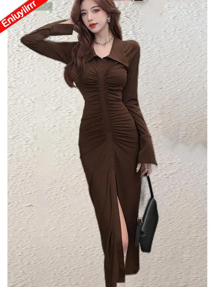 New Year Feminine Vestidos 2022 Women Button Single Breasted Elegant Bodycon bandage Pencil Long Split Slit Sexy Shirt Dress