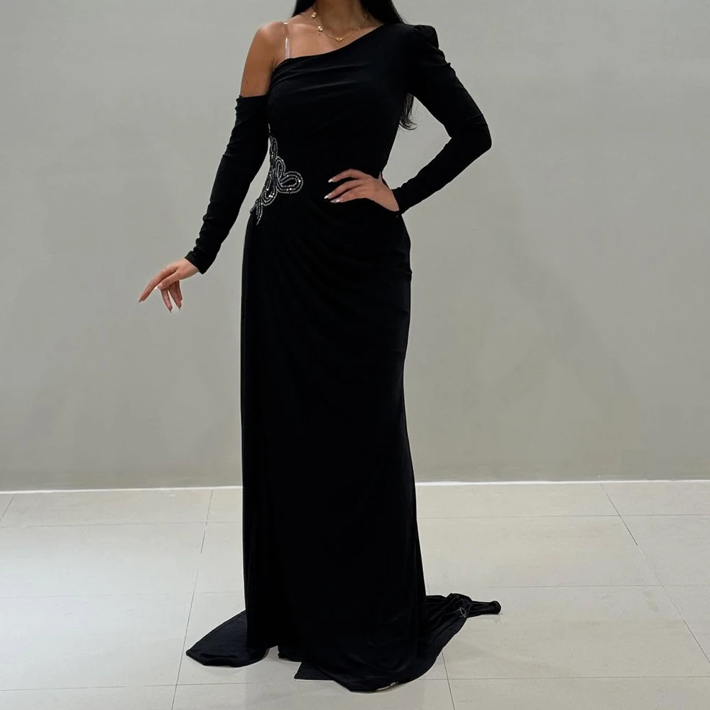 

Customized A-line Evening Dresses Floor-length One-shoulder Full Sleeve Prom Gown Fashion Sequined Simple Draped Party Gown