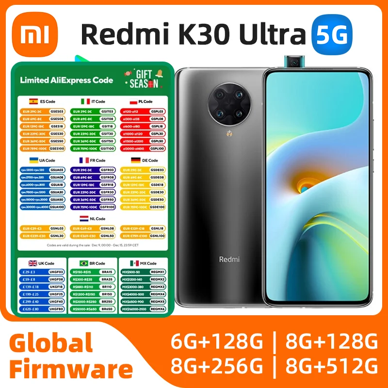 Xiaomi-Redmi K30 Ultra Android 5G Smartphone Desbloqueado, 6.67 ", 8GB RAM, 256GB ROM, Todas as Cores em Boas Condições, Telefone Original Usado