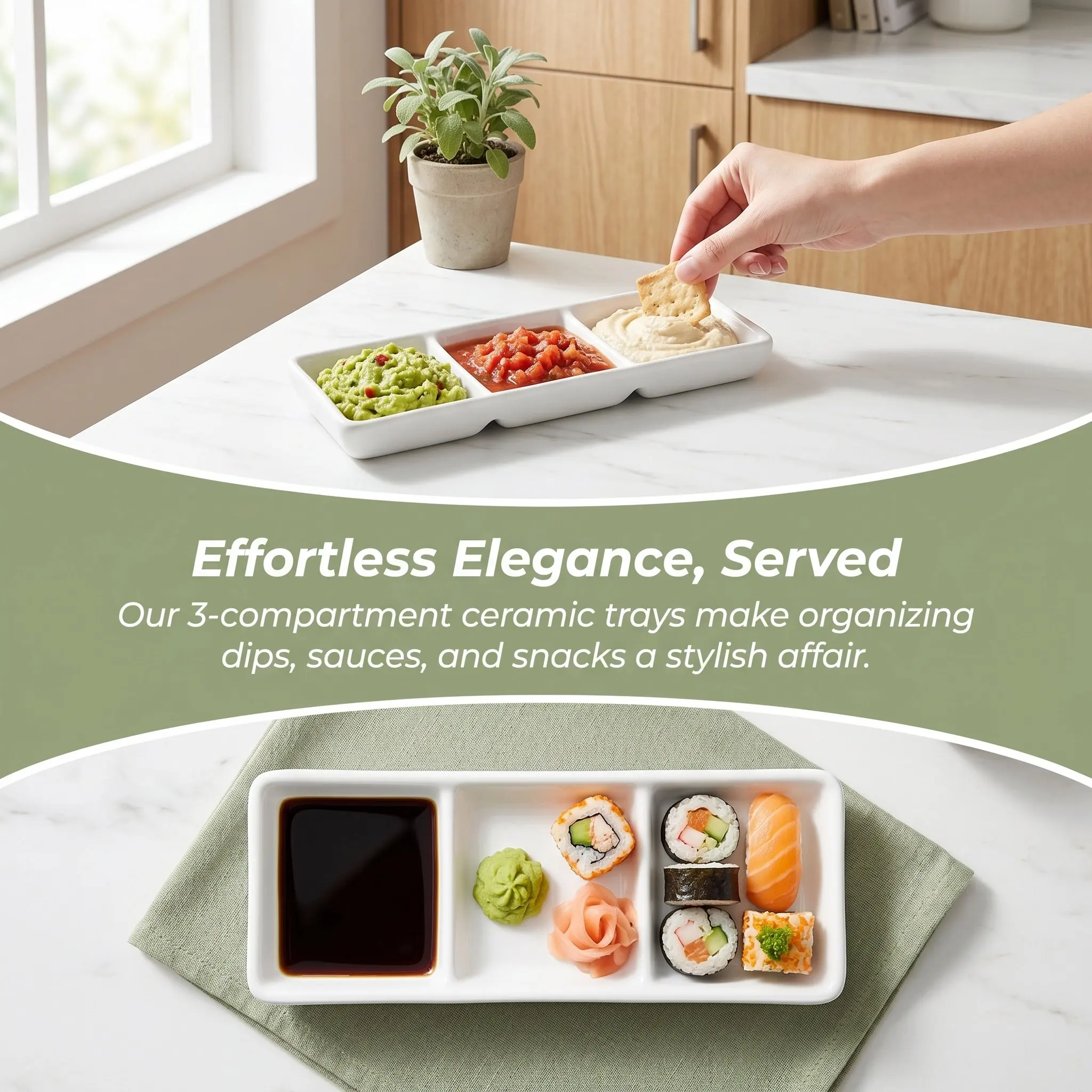 2Pcs Sturdy Stain-Resistant Ceramic Rectangular 3-Compartment Serving Tray for Appetizers Dips Dressings Salsa Condiments