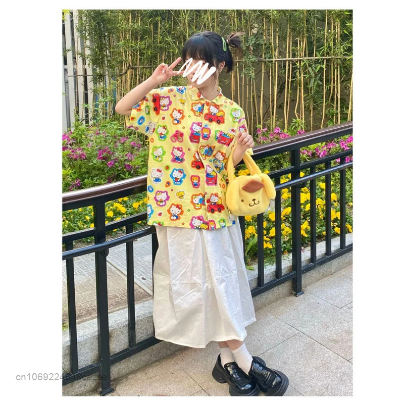 Sanrio Hello Kitty Colorful Graffiti Print Blouse 2022 Summer New Soft Girl Cute Cream Yellow Shirt Y2k Retro Women Kawaii Top