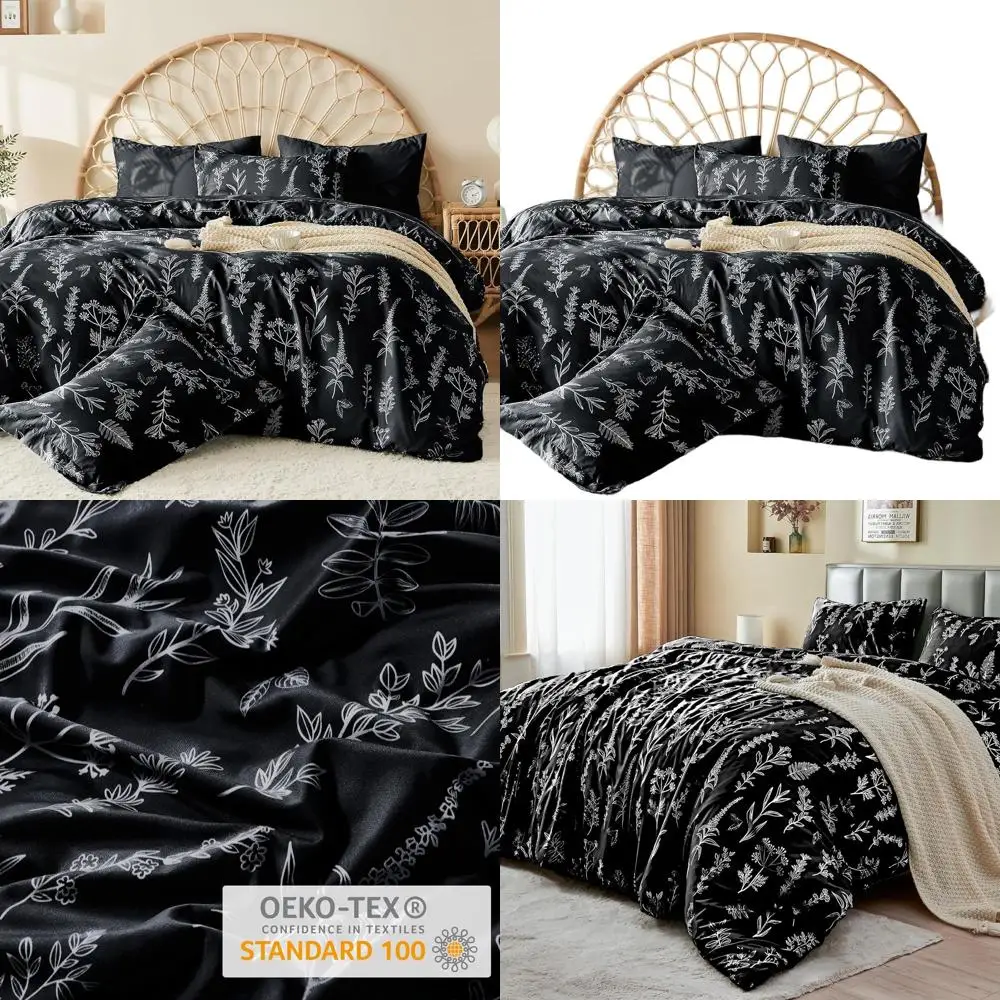 

Двусторонний черный пододеяльник King Size с цветочным принтом и застежкой-молнией, мягкое постельное белье из микрофибры из трех предметов (90x104, 2 наволочки 20x36)