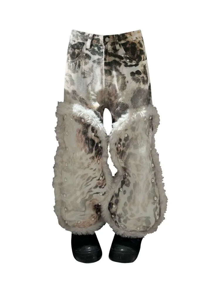 plus Size American Street Style Washed Faux Fur Patchwork Leopard Print Wide Leg Jeans Women's Loose Slimming Trousers