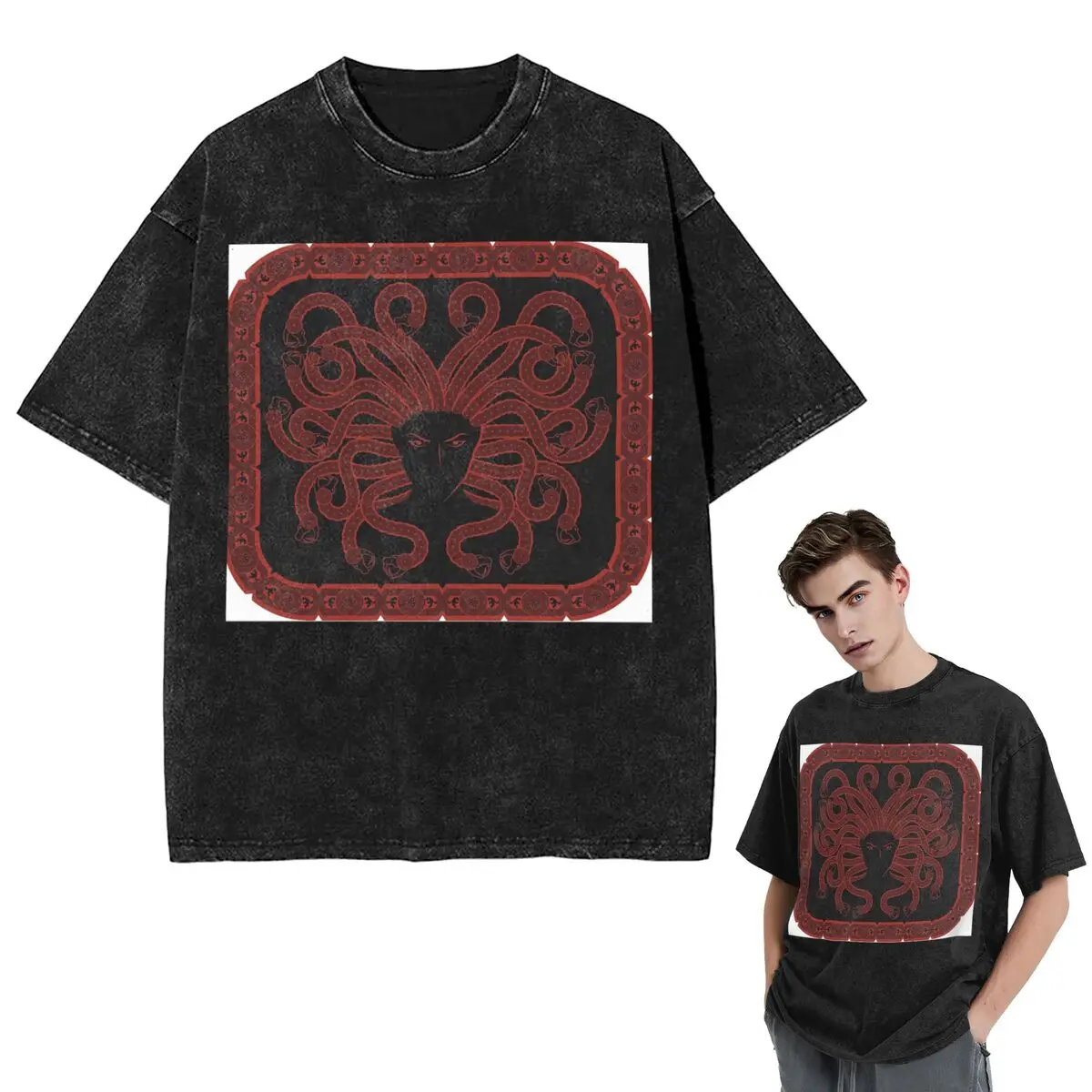 

Streetwear T-Shirts Greek Mythology MEDUSA-No Text Washed T Shirt Short Sleeve Hip Hop T-Shirt Tops Tees for Men Women