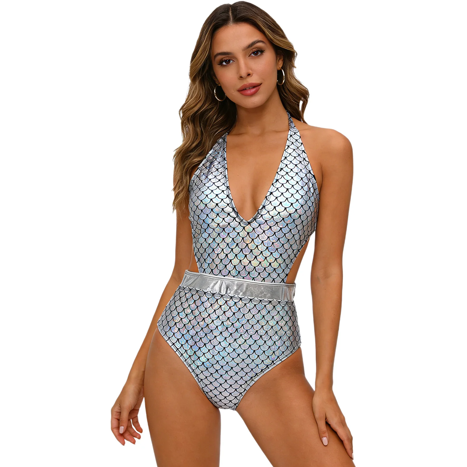 Women One Piece Swimsuit Metallic Gloss Fish Scale Print Deep V Neck Halter Bodysuit Sexy Hollow Out Bathing Suit Beach Swimwear