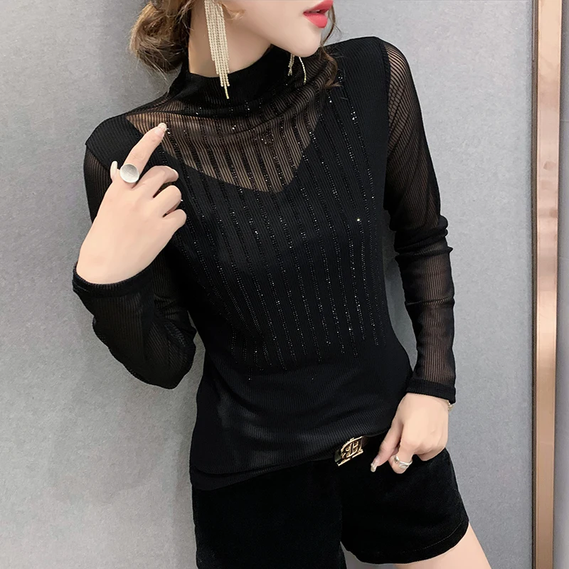 

#7924 Black Red Brown Sexy Mesh T Shirt Women Long Sleeved See Through Turtleneck T Shirt Women Diamonds Slim Stretch Top Female