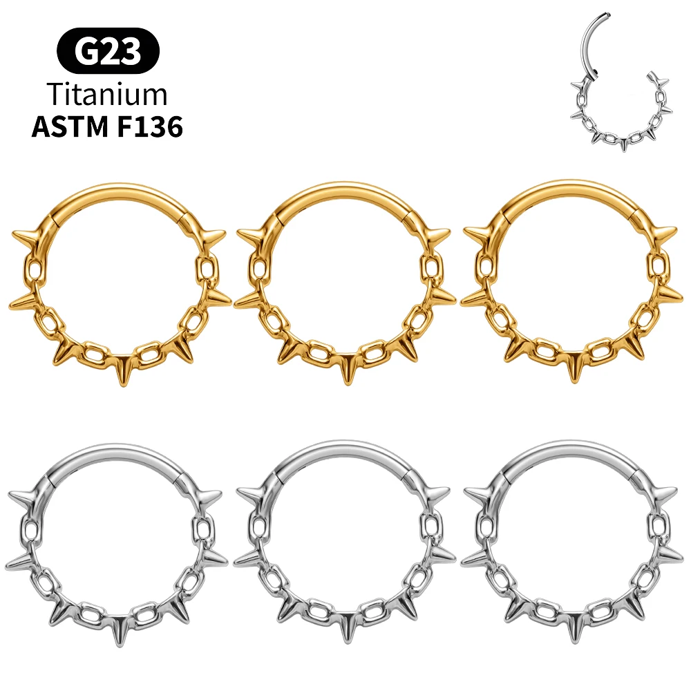 Pendiente de titanio G23 con púas, tipo clicker, para septum, nariz, labio, hélix, tragus, cartílago, lóbulo.