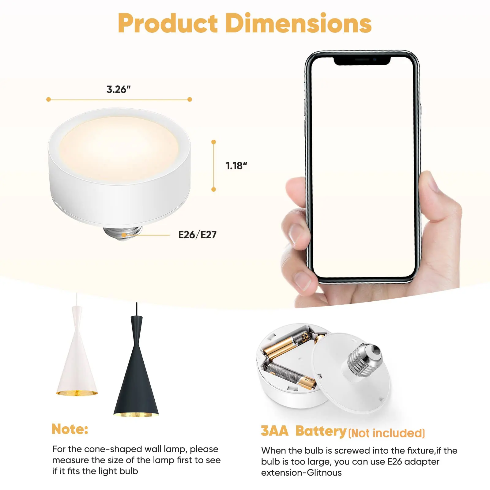 NookNova 2 Pack Battery Operated Light Bulbs with Remote for Non-Hardwired Lamp, E26/E27 Wireless Dimmable Led Battery Operated