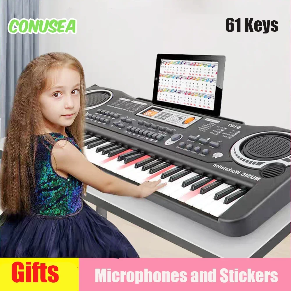 

Electronic Children Piano Keyboard 61 Keys Organ with Microphone Stickers Education Toys Musical Instrument Gift for Beginner