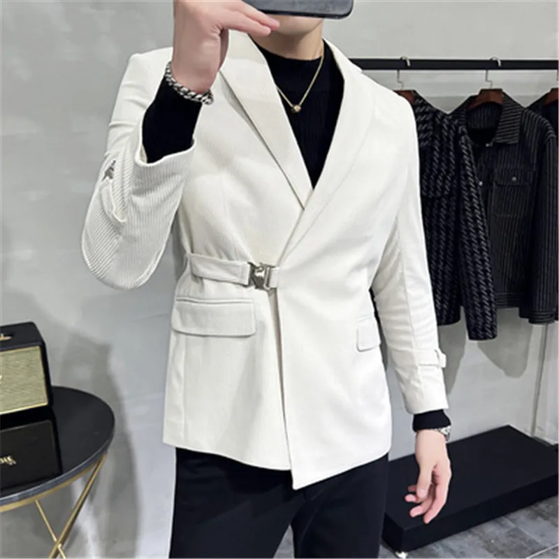 

Luxury Corduroy Men Blazer Belt Designer Jacket Solid Color Chaqueta Hombre Long Sleeve Suit Blazer Korean Style Male Clothing