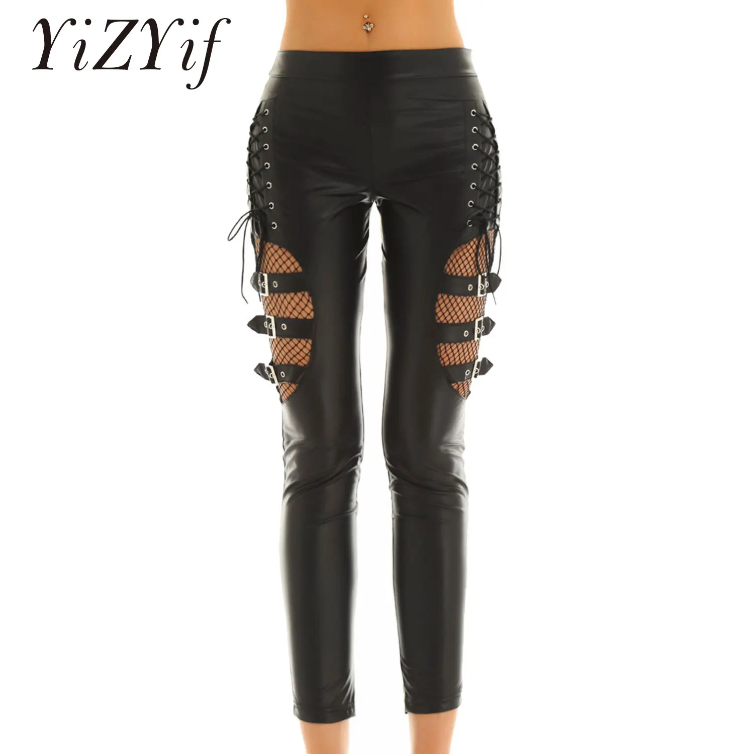 Pantaloni delle donne Effetto Bagnato Faux Leather Della Metà di Vita A Rete Splice Coscia con Fibbie Decorazione Side Lace Up Elastico Legging Pantaloni