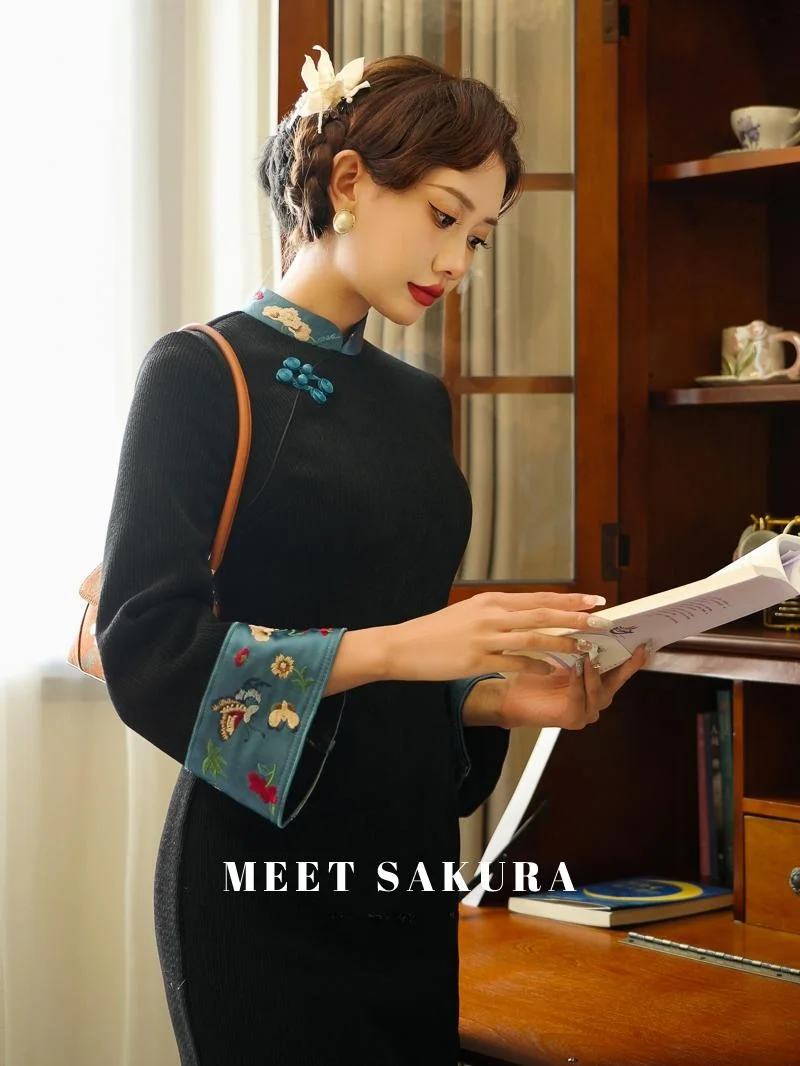 

Черное длинное утепленное винтажное китайское платье-ципао с высоким разрезом для повседневной носки, осень-зима, полиэстер