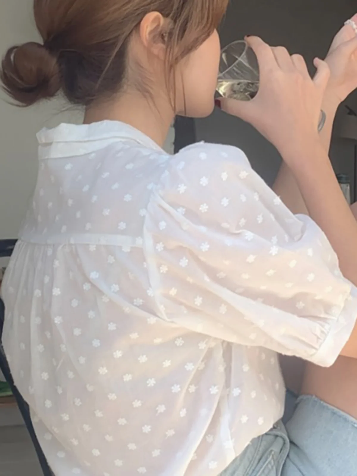 

Ele Embroidered Lace irt Женский летний модный дизайн Bubble Sve ort Sve Top Chic Прозрачный прямой крой Com...