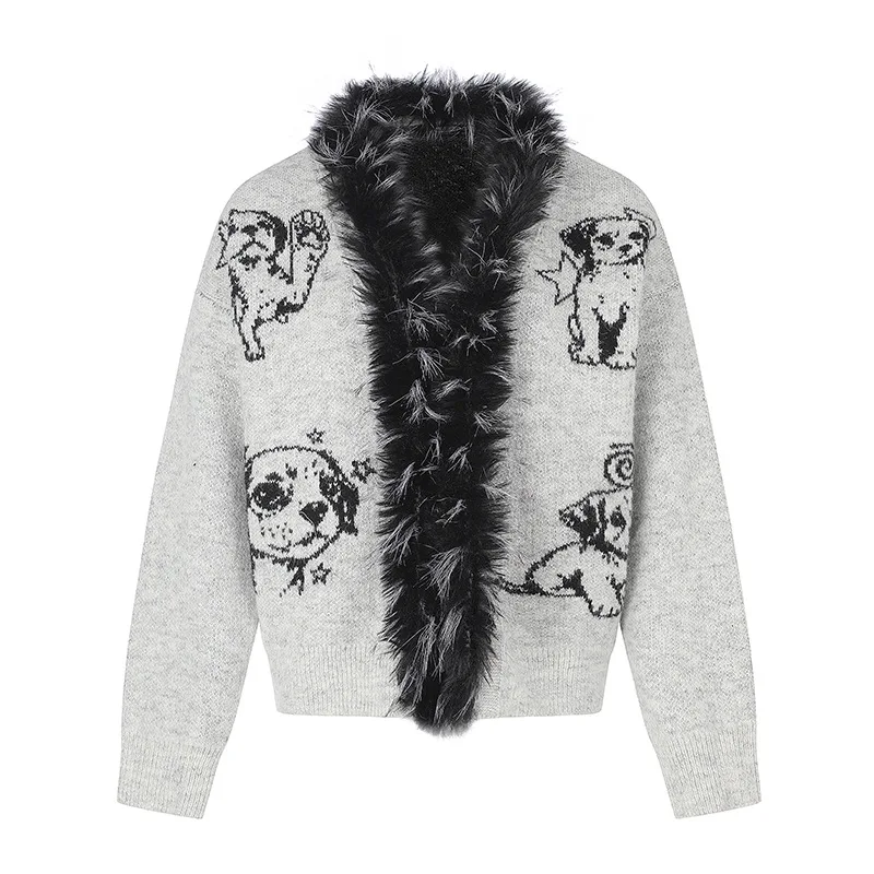 Men's Autumn Winter Knitted Sweater With Faux Fur Collar Fashion Vintage Jumpers With Cartoon Pattern Knitwear For Male