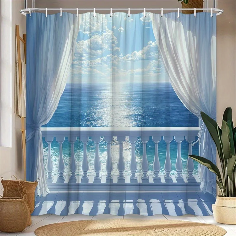 1pc Ocean Balcony Shower Curtain with White Railings, Billowing Drapes, and Deep Blue Seascape Design - Polyester Fabric Bathroo