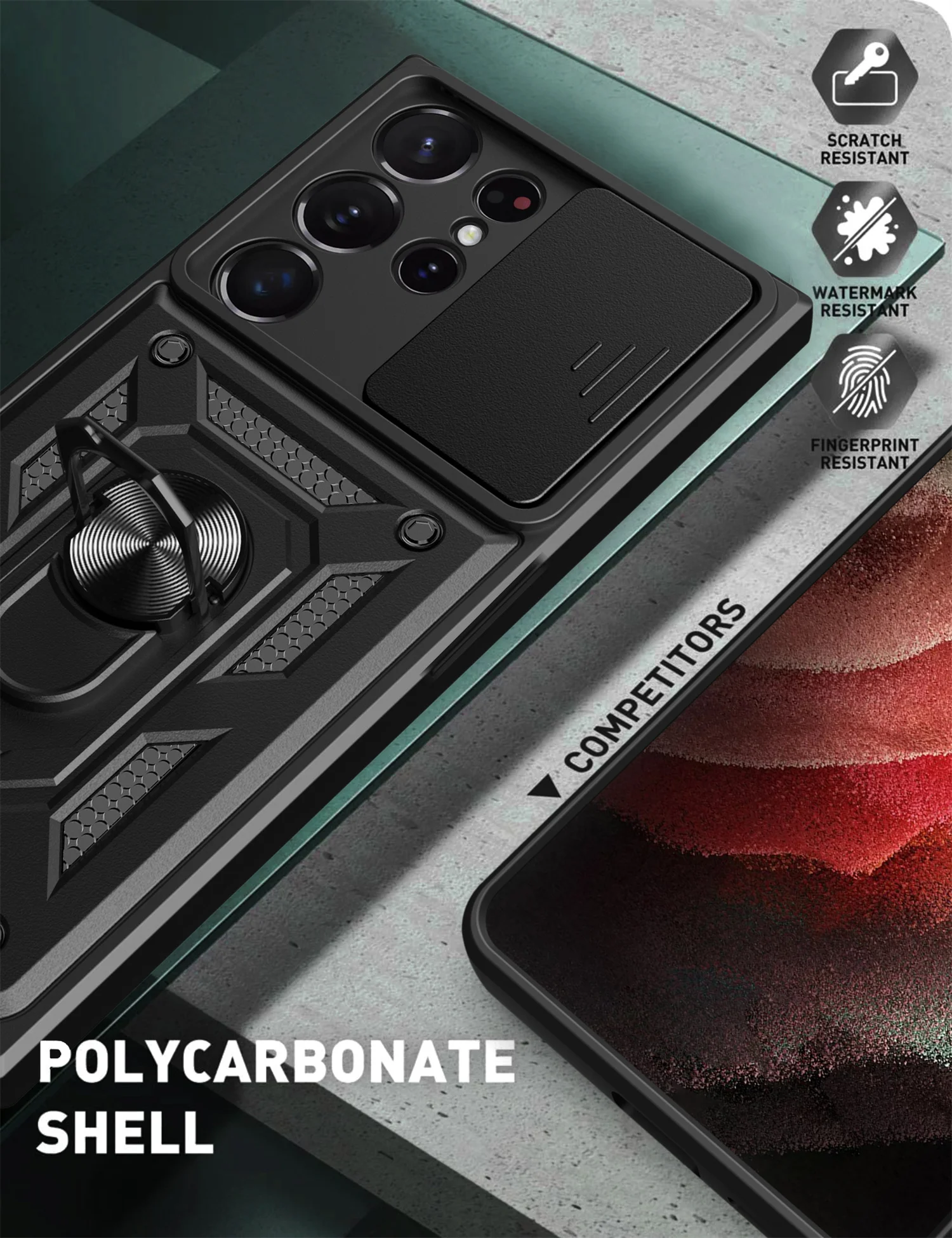 حافظة لهاتف سامسونج جالاكسي S23 Ultra ذات غطاء حماية لعدسة الكاميرا لهاتف سامسونج جالاكسي S23 الترا مصدات عسكرية