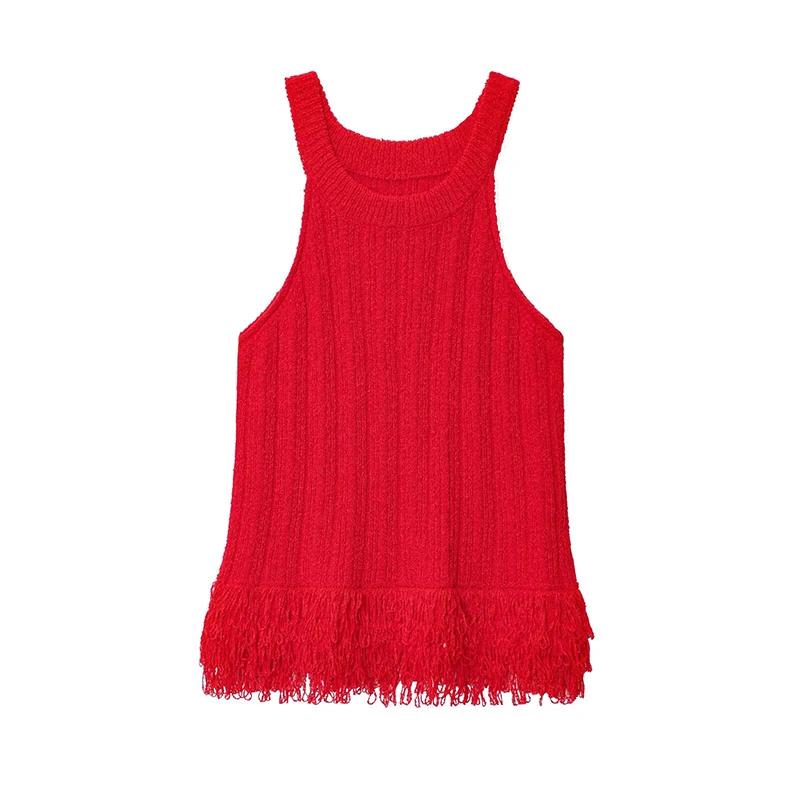 

Tassel Sleeveless Knitted Vest Top Women O Neck Casual Autumn Red Pullover Tops