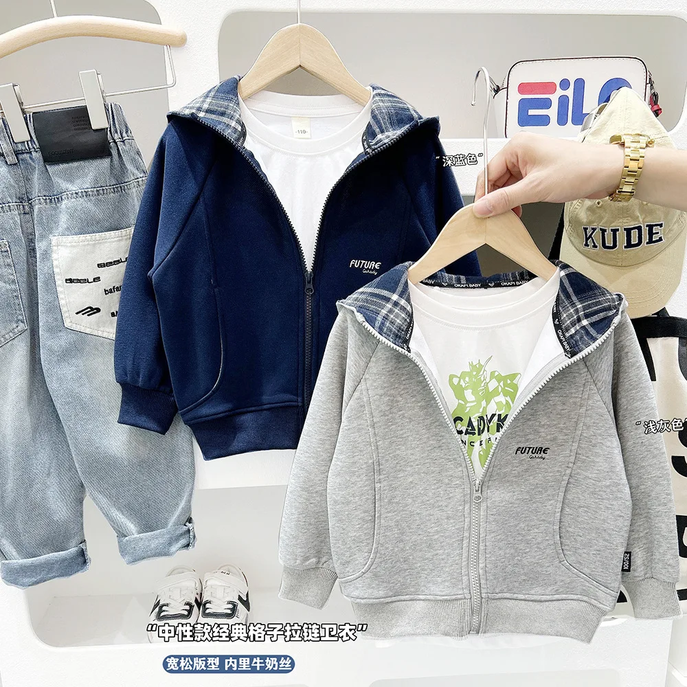 

Детская толстовка-куртка для мальчиков, весенне-осенняя, новая, модная, в клетку, с капюшоном, на молнии, верхняя одежда, пальто, кардиган, топ для подростков