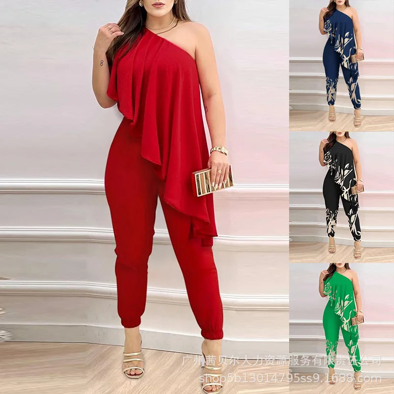 Temperament Womens Rompers 2023 Diagonal Shoulder Ruffled Jumpsuit for Women