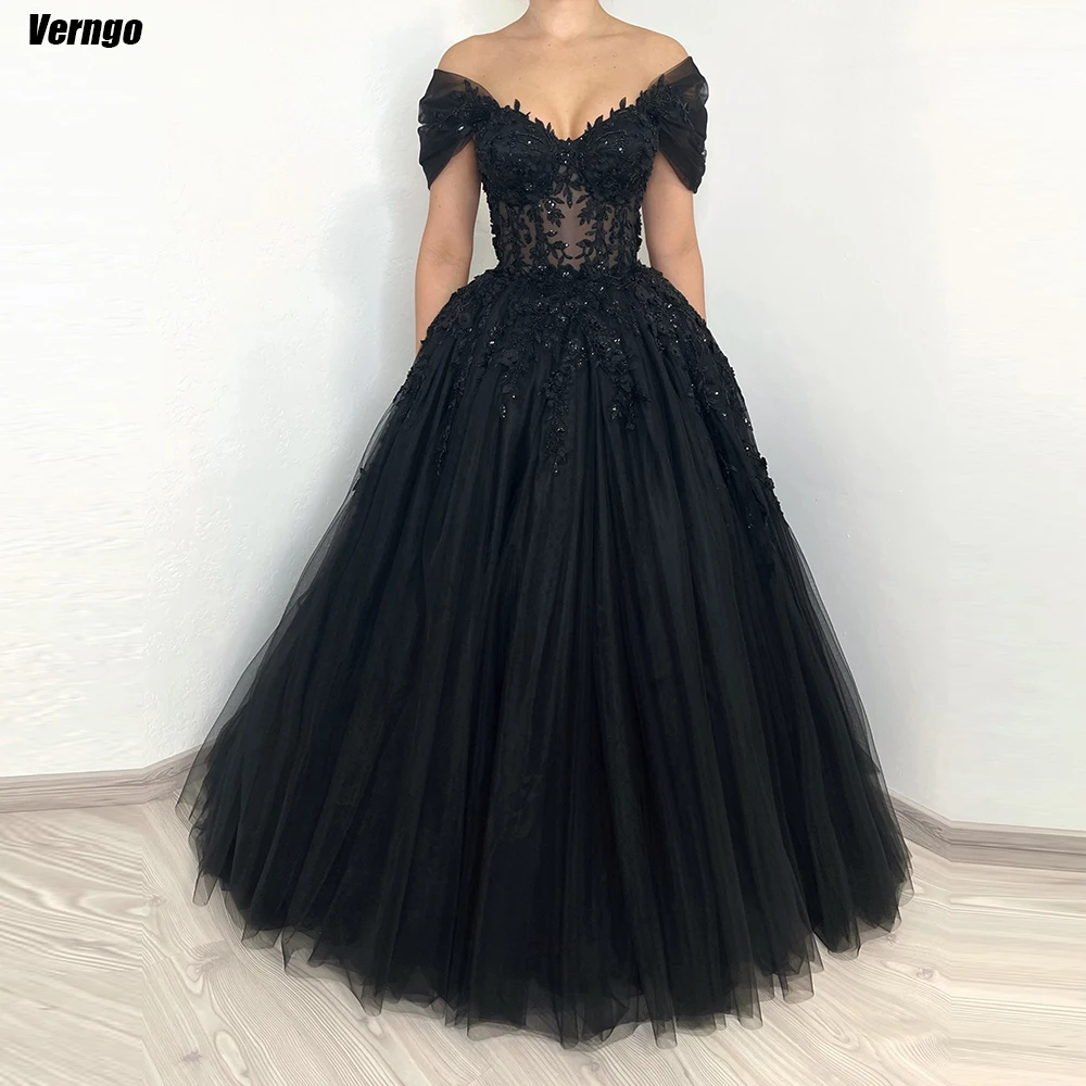 

Verngo Black Gothic Wedding Dresses Sweetheart Off Shoulder Bridal Gown Appliques Lace Up A-line Bride Dress Vestidos De Novia