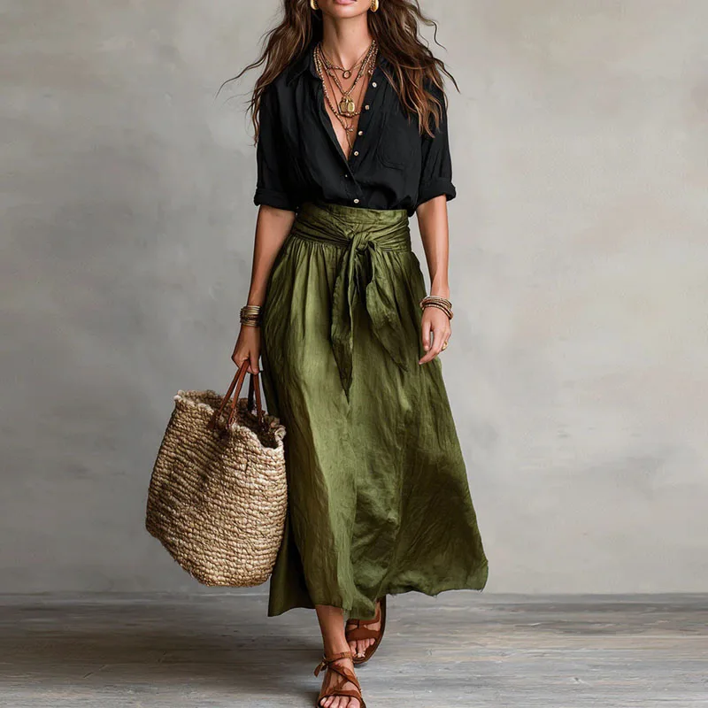 2026 Spring Summer Solid Women's Suit Casual Button Lapel Top T-shirt And Tie Waist Bowknot Skirt Sets Long Sleeve Office Outfit