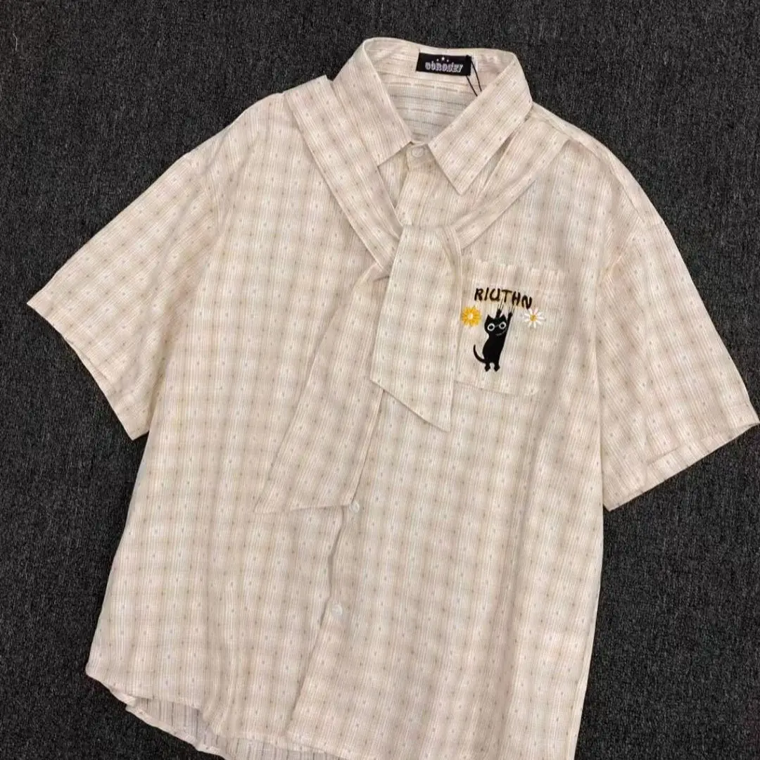 

New Summer Retro American Men and Women Trendy Plaid Collar Short Sleeve College Casual Shirt Embroidered Plaid Loose Casual y2k
