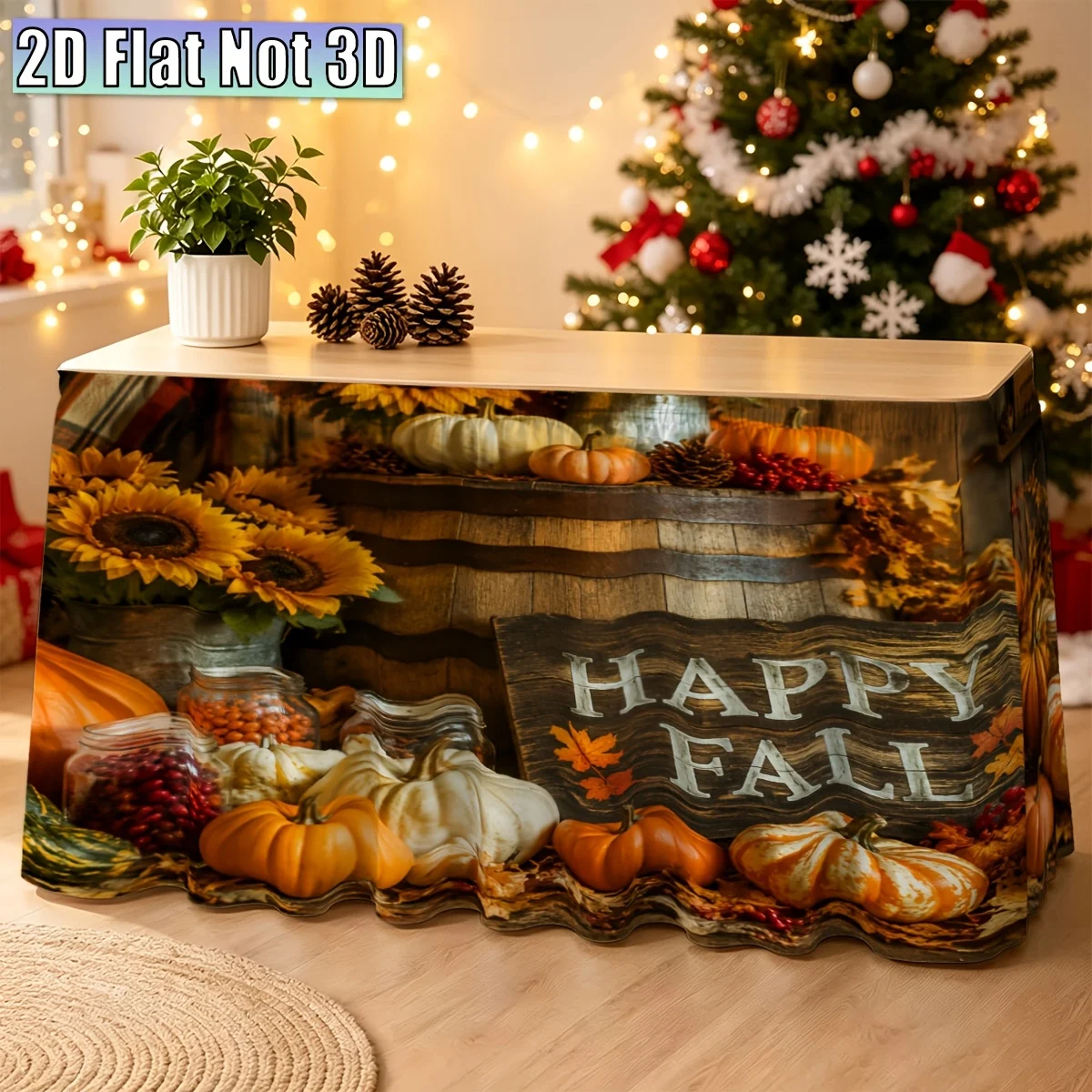 2D flat, JIT, 1pc, Party table skirt, Autumn harvest scene, Patterned party table skirt, Christmas home decoration