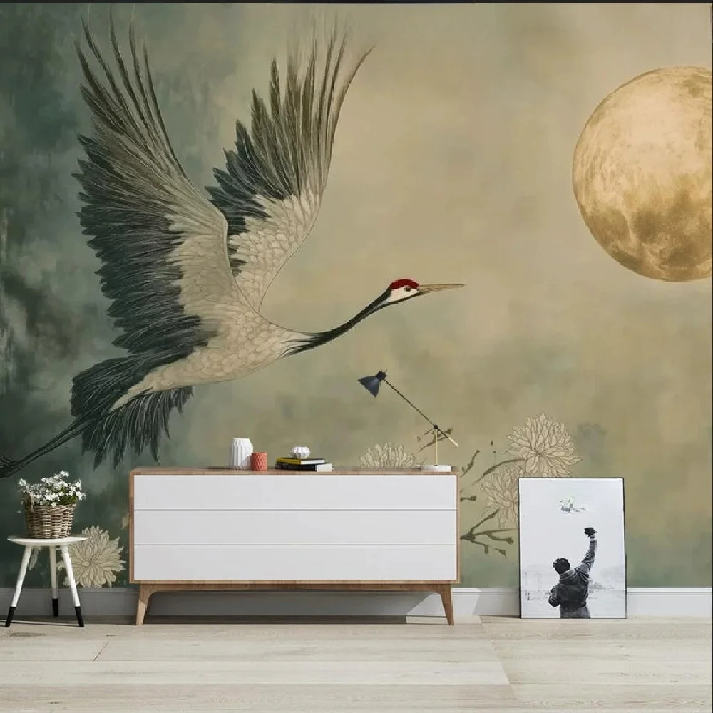 Customized Wallpaper New Chinese Retro Art Crane Landscape Photo mural Bedroom Living Room Study Background Wall Wallpaper ﻿