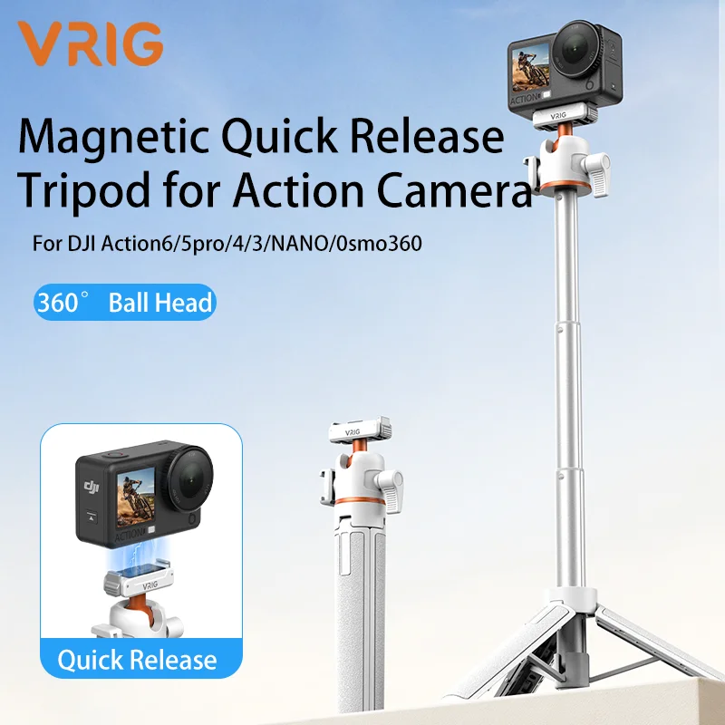 VRIG AC-40A Magnetic Selfie Stick Tripod 4-Section Extendable Stand Cold Shoe for DJI Action 6/5 Pro/4/3/Nano/Osmo 360 Vlog