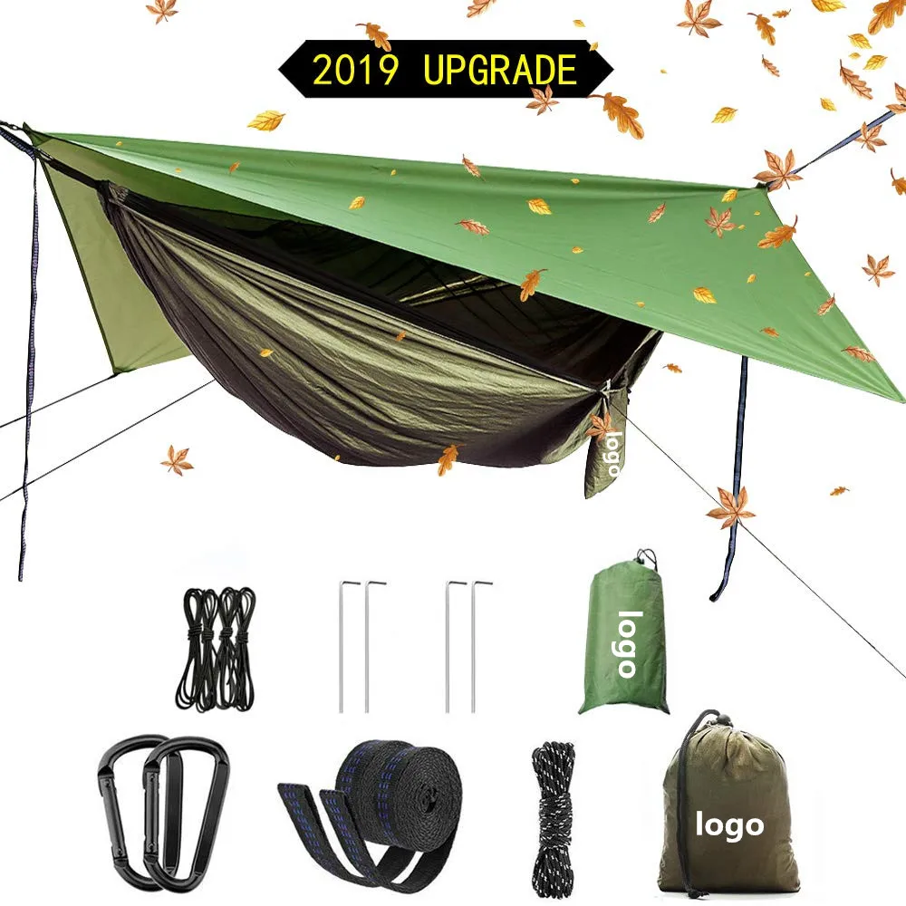 

Portable Camping Hammock Set / Lightweight Nylon Parachute Outdoor Sleeping Hammock With Mosquito Net and Rain Fly