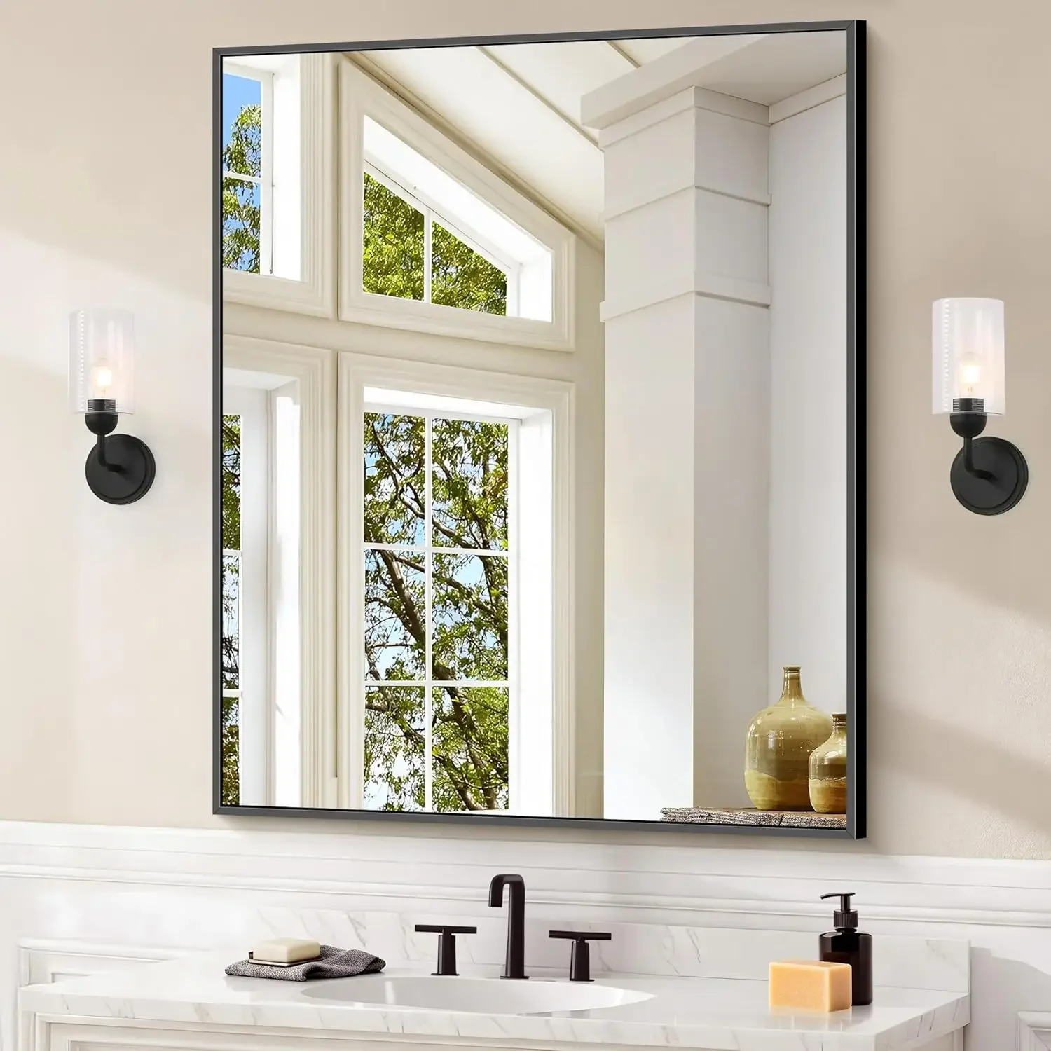 

Black Bathroom Mirror for Wall, 30x36 Inch Rectangle With Metal Frame, Modern Vanity for Bathroom Living Room, Entryway Hangs Ho