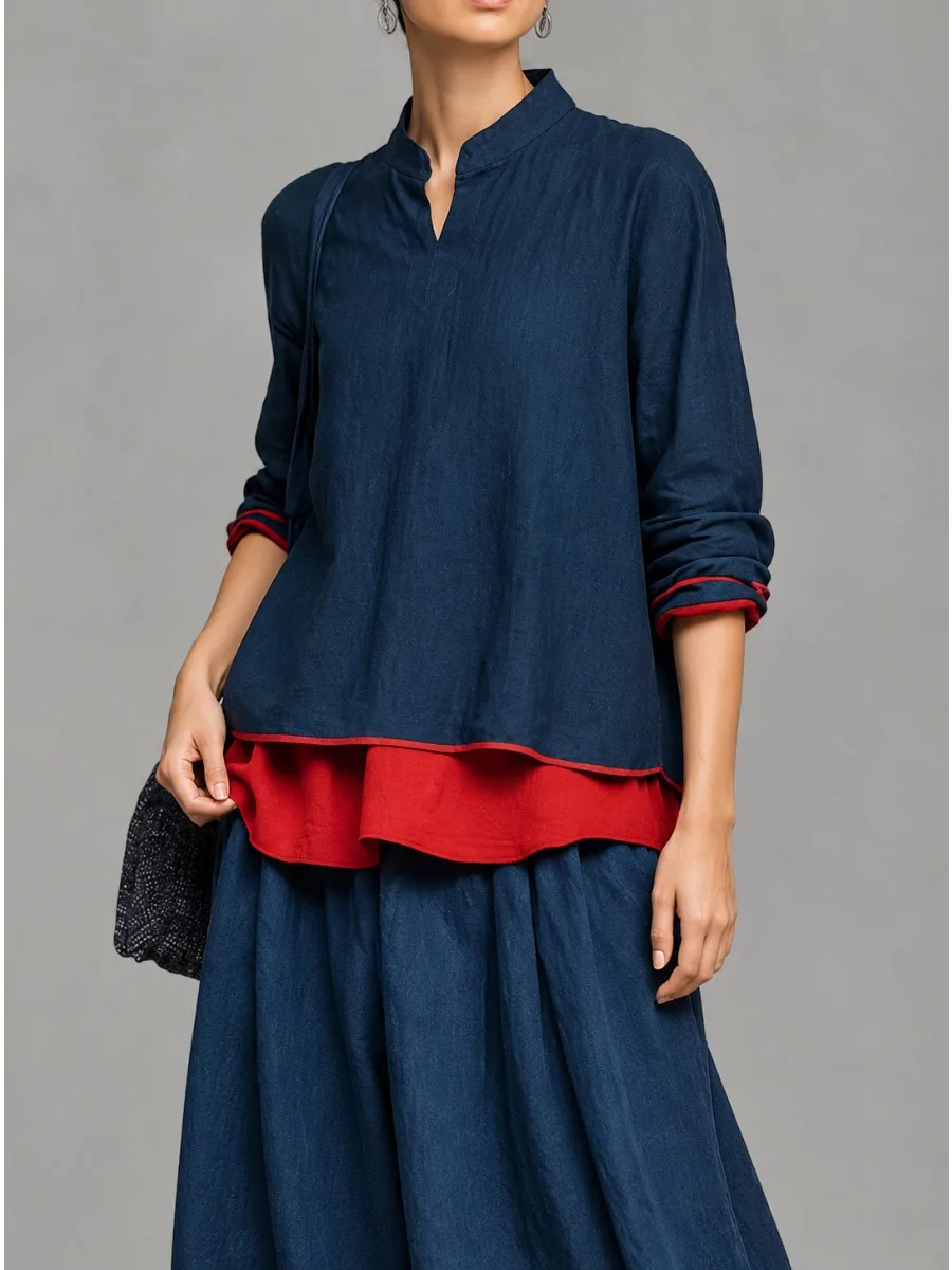 Modigirl Women Navy Blue Red Contrast Trim Blouse V Notch Long Sleeve Fake Two Piece Hem Loose Casual Vintage Shirt Top