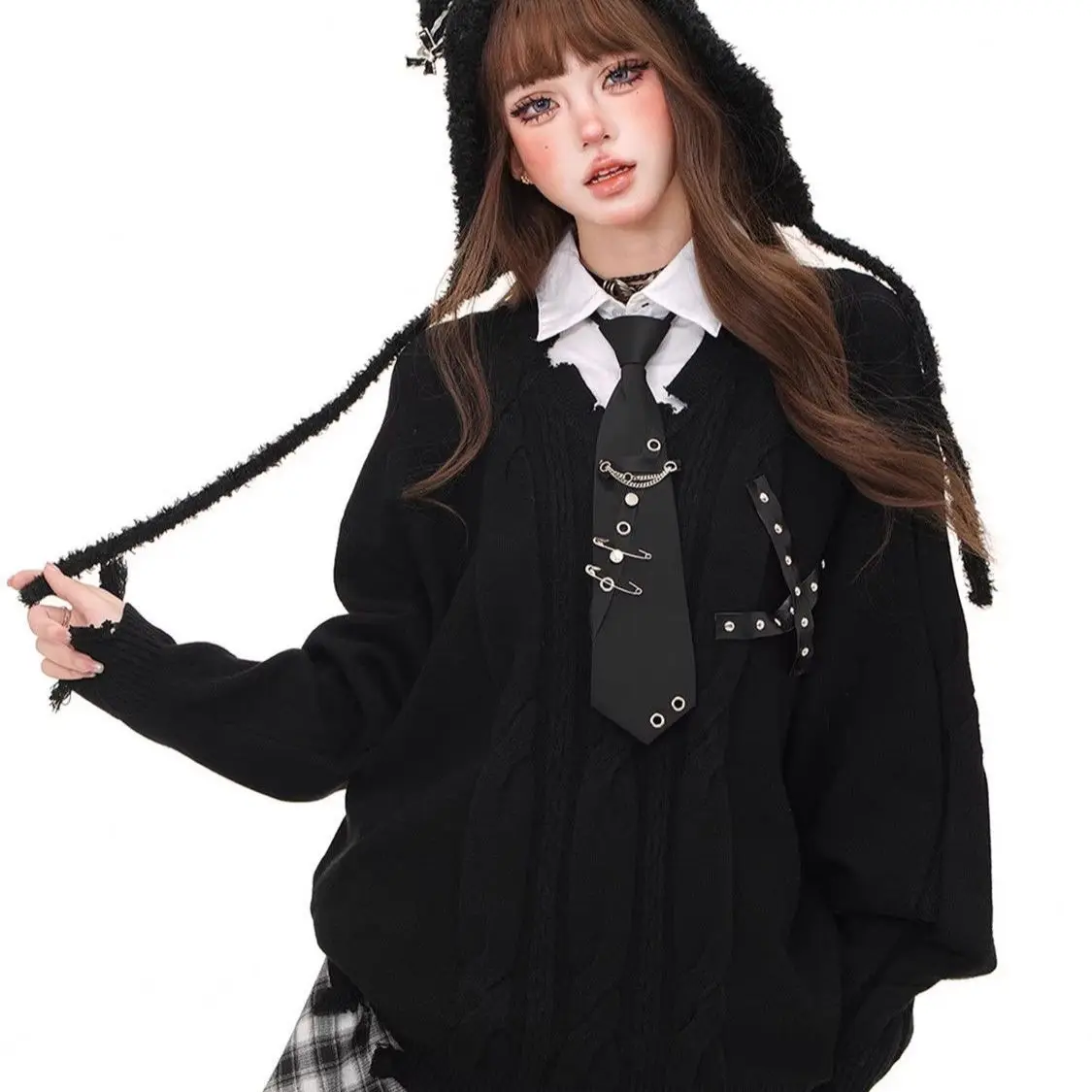 Sweter Rajutan Vintage Gaya Amerika Wanita Musim Gugur Musim Dingin Harajuku Longgar Lengan Panjang Pullover Fashion Wanita Jumper