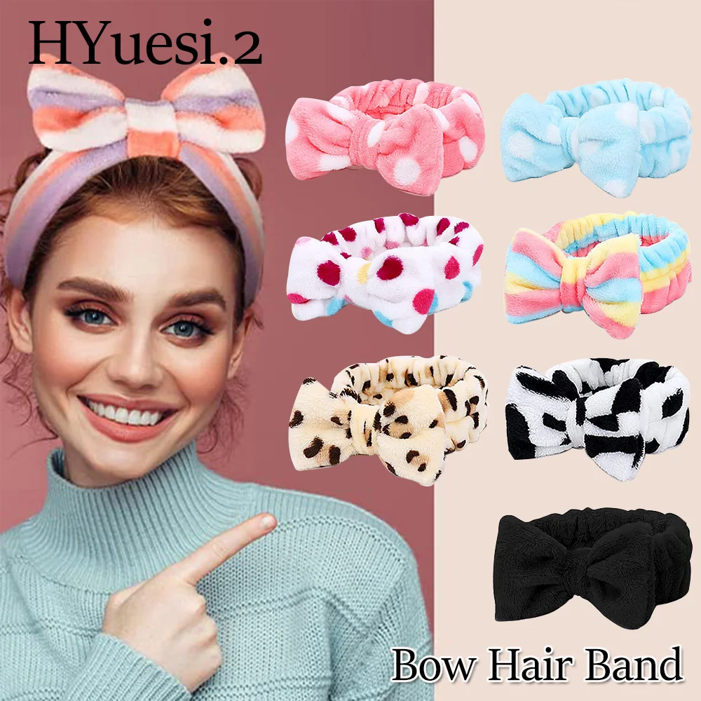 Cute Dot Striped Bowtie Hair Band Classic High Elastic Big Soft Coral Fleece Makeup Headbands For Women Washing Face Shower Spa