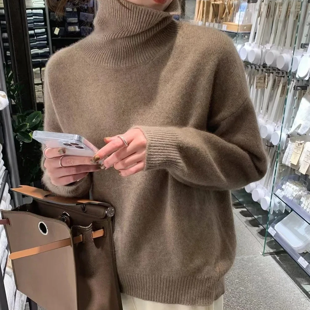 

Pullovers Women Tops Sweaters Turtleneck Knitted Full Sleeve Work Jumpers Y2k Streetwear Elegant Splice Knit 2025 Autumn Winter