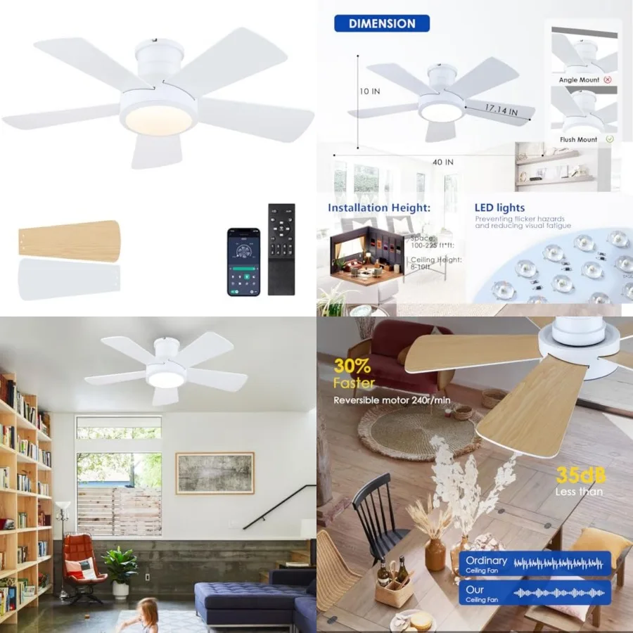 

Flush Mount Ceiling Fan with Lights and Remote, Modern Quiet DC Motor Low Profile Ceiling Fan for Low Ceilings, 5 Reversible Bl