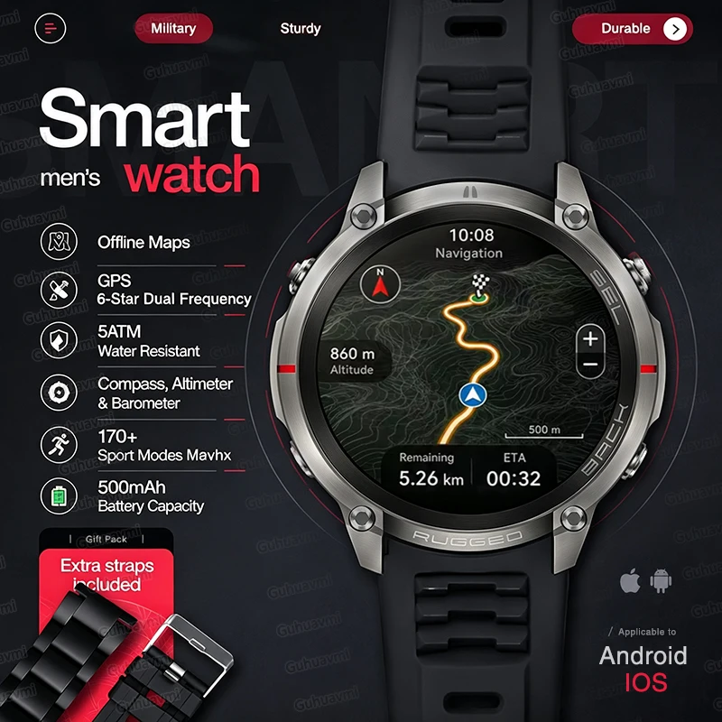 NEW Rugged Military GPS Offline Map Smart Watch Outdoor Navigation Sports Tracker Compass 5ATM Waterproof Swim Dive Watchs Men