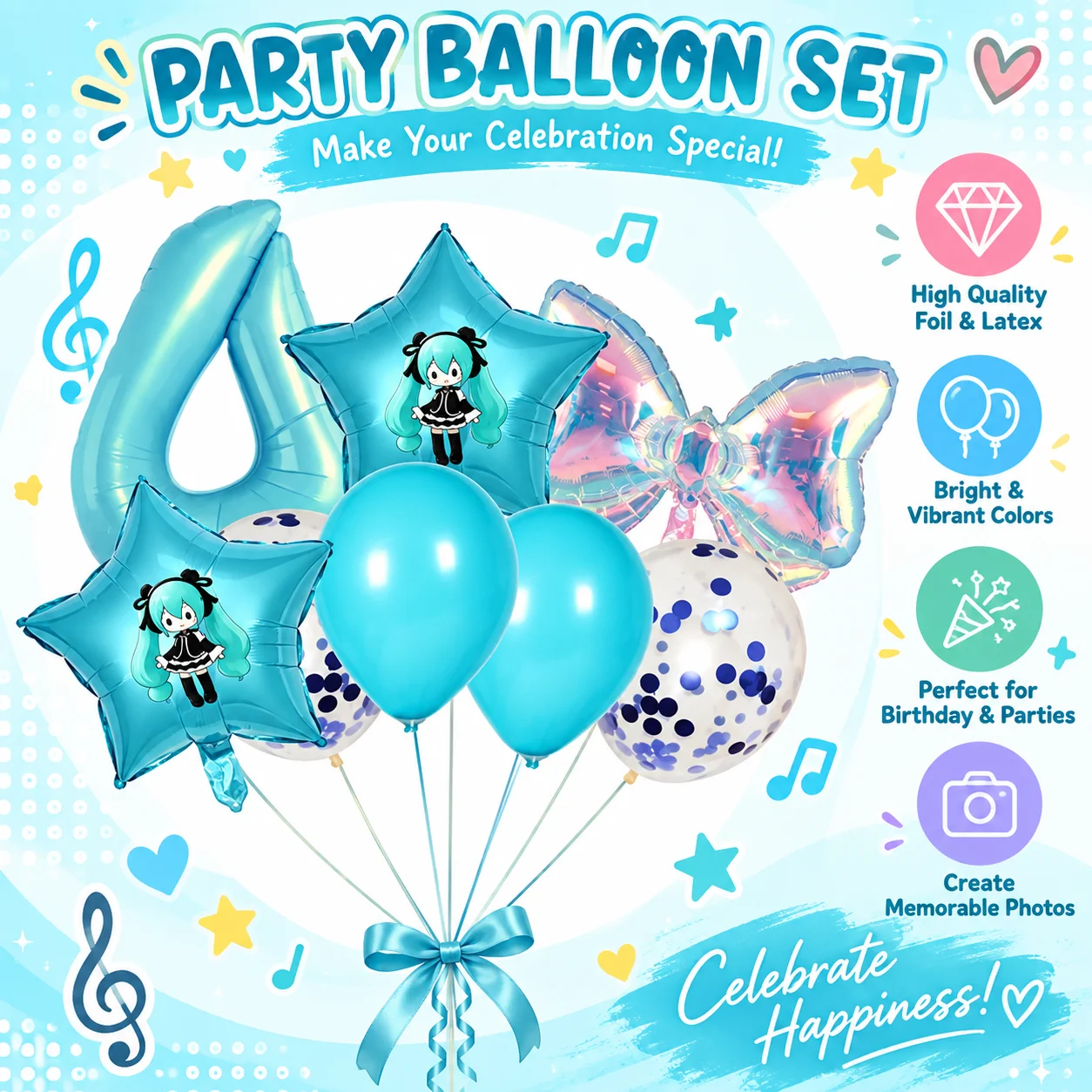 Ensemble de guirlande d'arche de ballons pour fête, kit de ballons en latex et feuille Miku, décoration de fond d'anniversaire pour rassemblement sur le thème de l'anime
