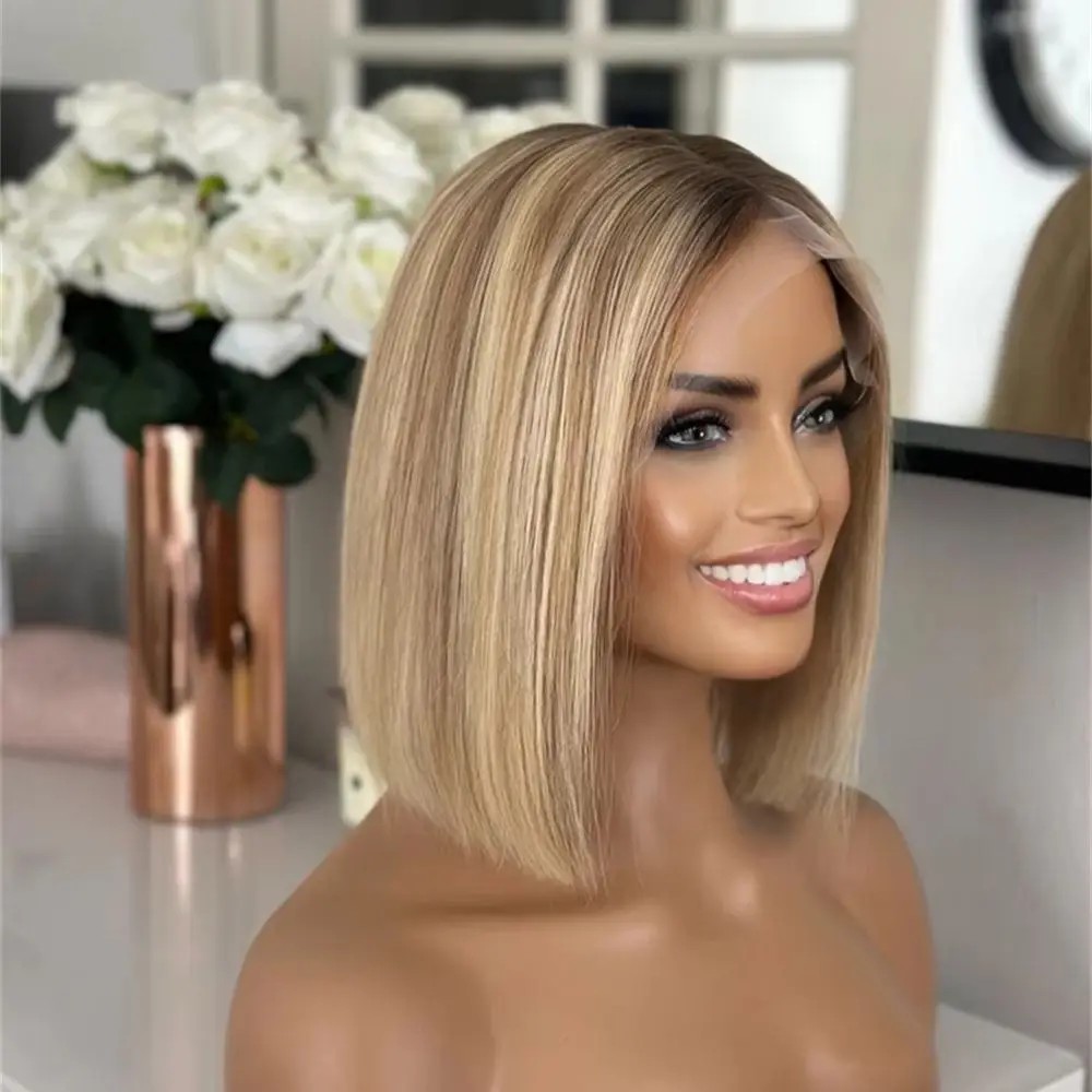 Trendy Wigs Premium Synthetic Wig Ombre Blonde Balayage Glueless HD Lace Front Wig with Roots PrePlucked Hairline with Baby Hair