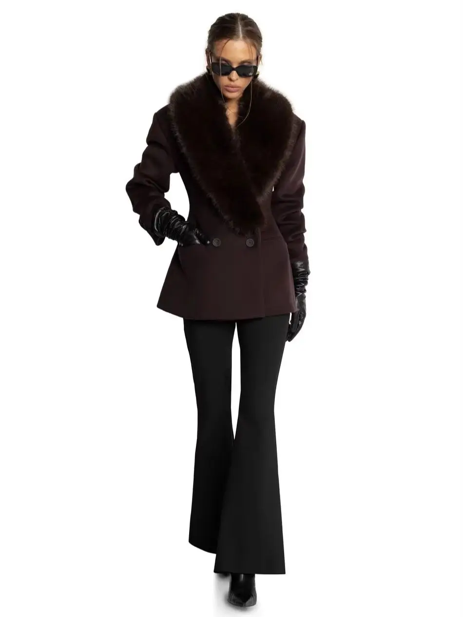 Women Short Fitted Wool Blend Coat, Wide Faux Fur Lapel Collar, Double Breasted Elegant Slim Waist Winter Outerwear For Female
