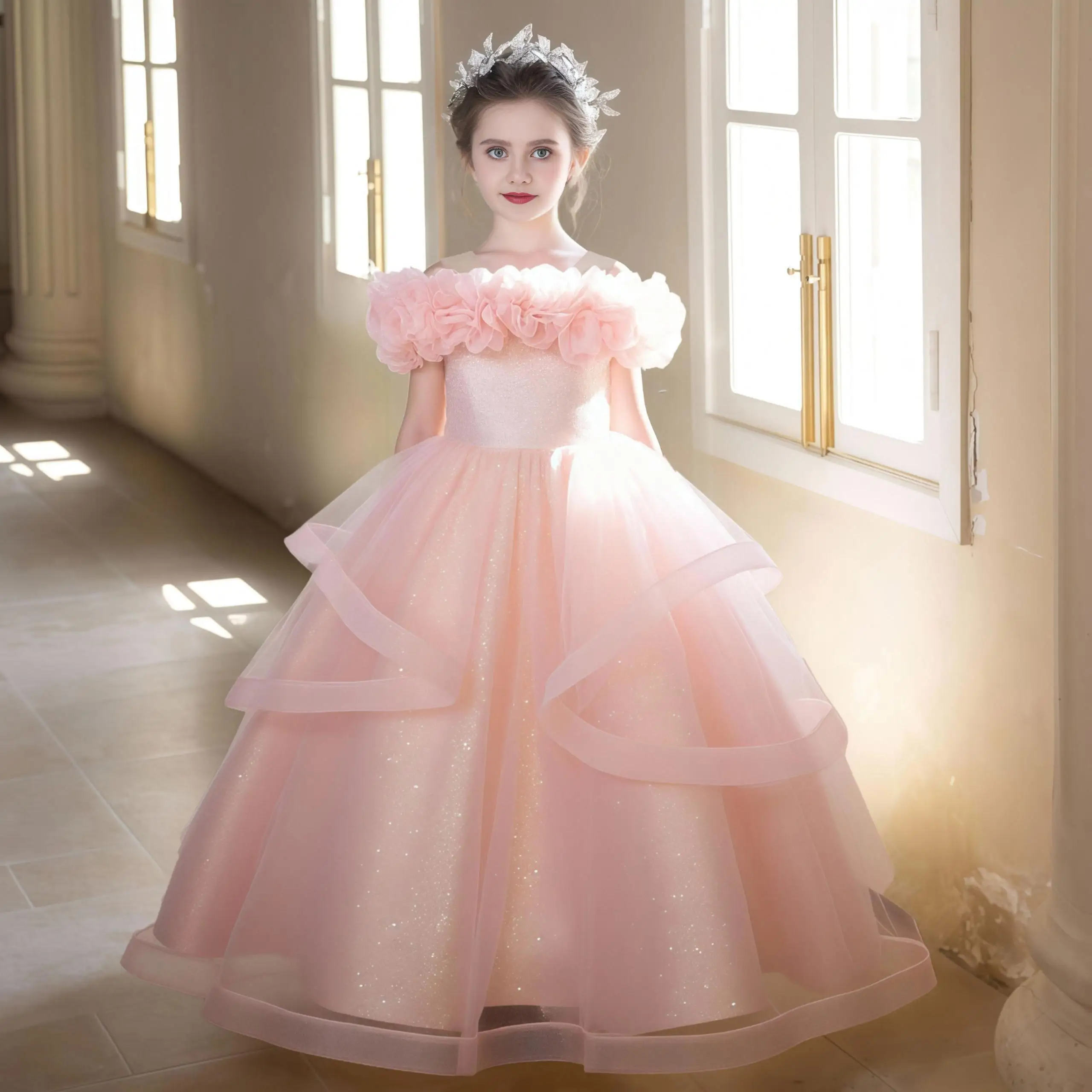 

Elegant Fold Flower Party Girl Dresses Formal Tulle Bridemaids Wedding Princess Prom Dresses Girls First Communion Evening Gown