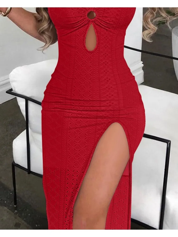 レディースドレス 2025 夏セクシーなアイレット刺繍ハイスリット V ネックスパゲッティストラップカジュアルボディコンデイリーマキシ休暇ドレス