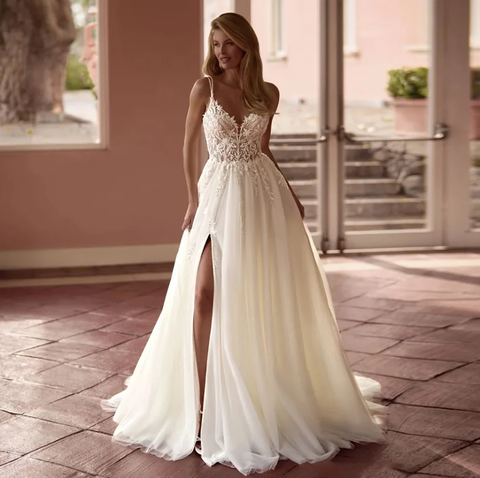

Customized A Line Women Wedding Dresses Elegant Spaghetti Straps Tulle Bridal Gowns Formal Occasion robe de mariée
