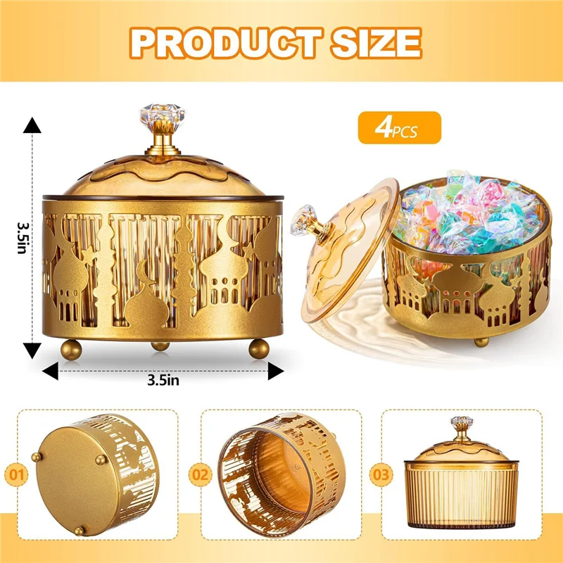 AF90-4 Pcs Ramadan Trays With Lid Gold Eid Mubarak Tray Ramadan Plate Ramadan Decorations Ramadan Food Storage Container