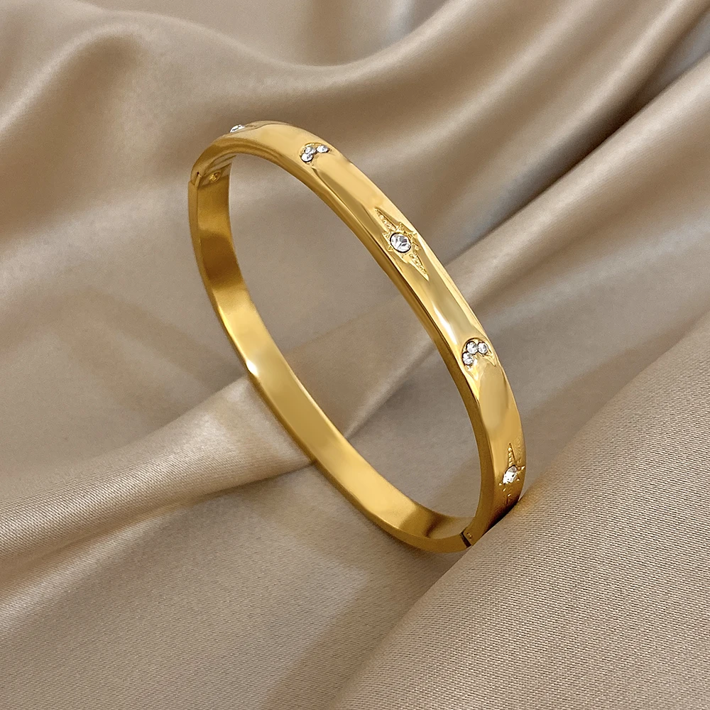 

Fteetry Minimalist Round Stainless Steel Thin Bracelet for Women Elegant Zircon Star Moon Open Bangle Bracelet Daily Jewelry