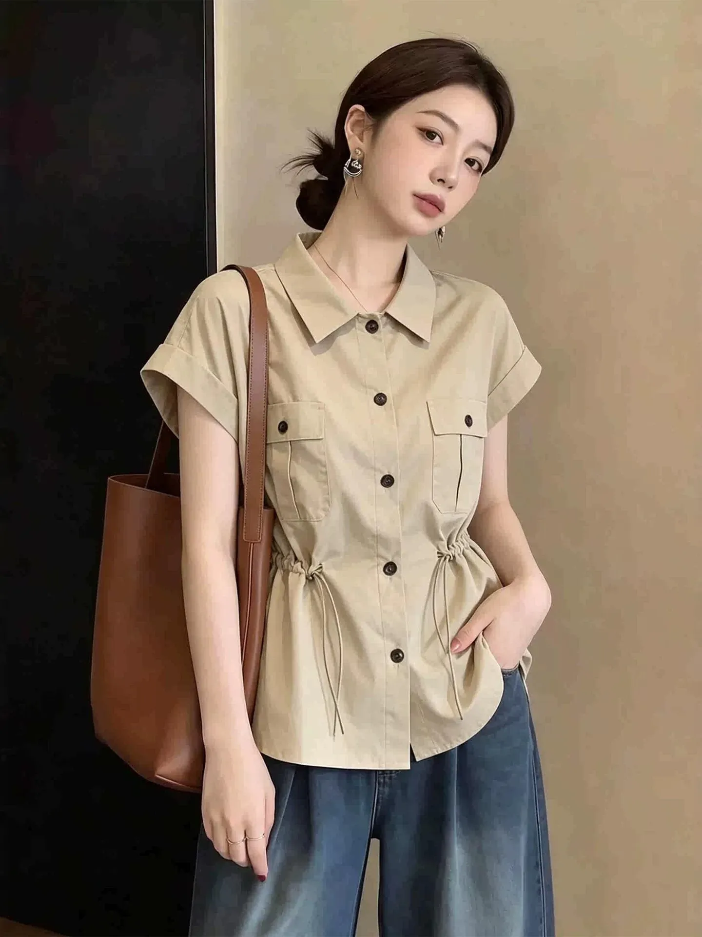 

plus Size Drawstring Workwear Short Sleeve Shirt Women Summer Slimming Waist Cinched Unique Top Comfortable Breathable Korean...